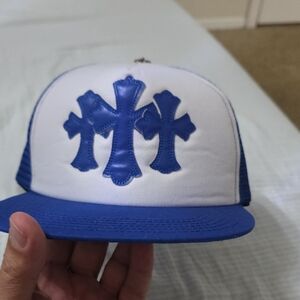 Chrome Hearts Blue and White Trucker Hat with Cross Appliqué